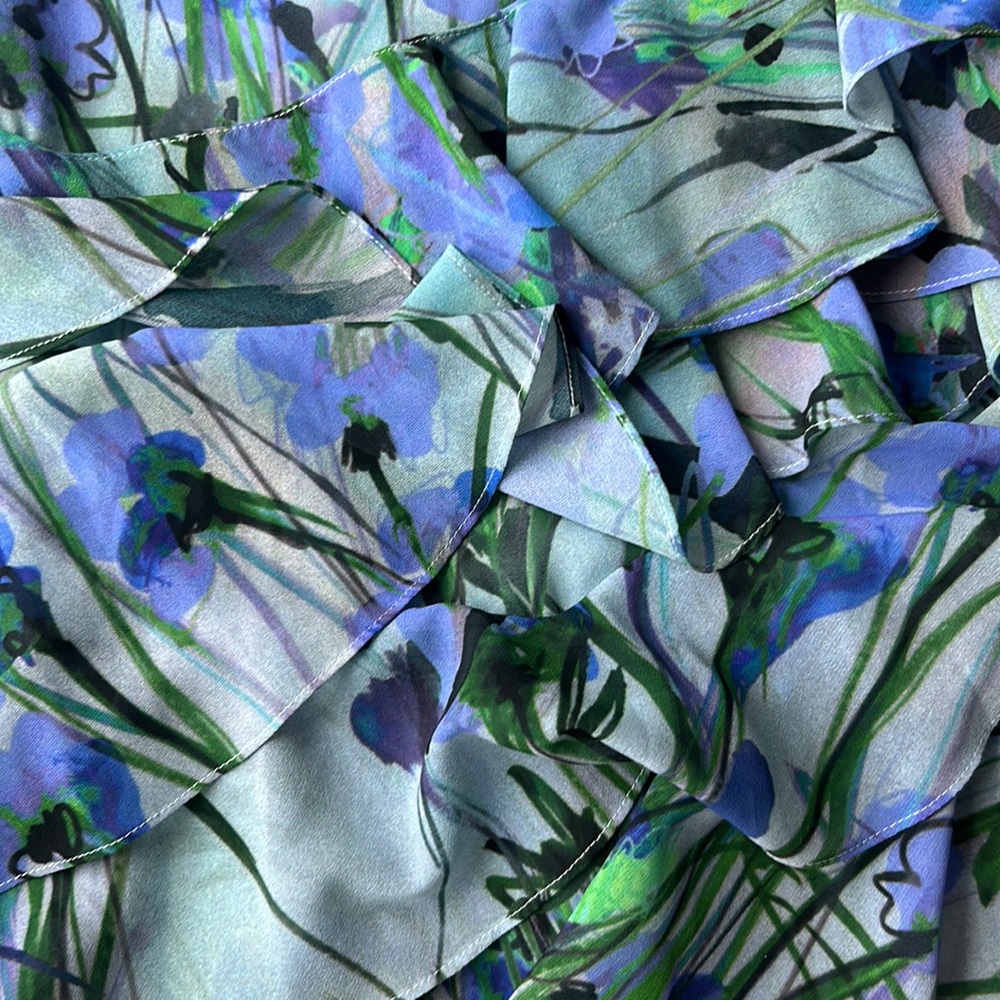Bradgley Miscka blue, green, and purple floral printed off-the-shoulder dress